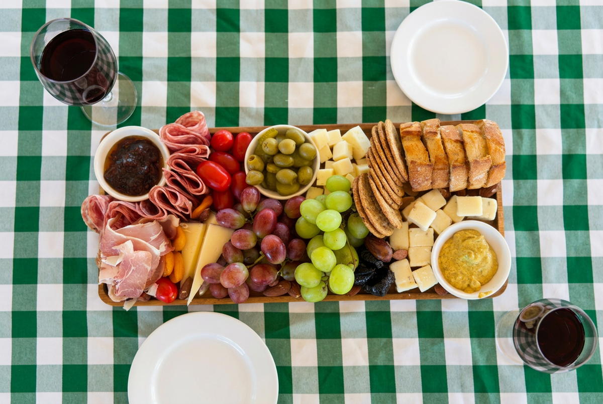 A charcuterie board arranged on a green and white checkered tablecloth, featuring sliced bread, cheeses, grapes, olives, crackers, salami, prosciutto, tomatoes, and small bowls of dips. Two glasses of red wine and two empty plates are also visible around the board.
